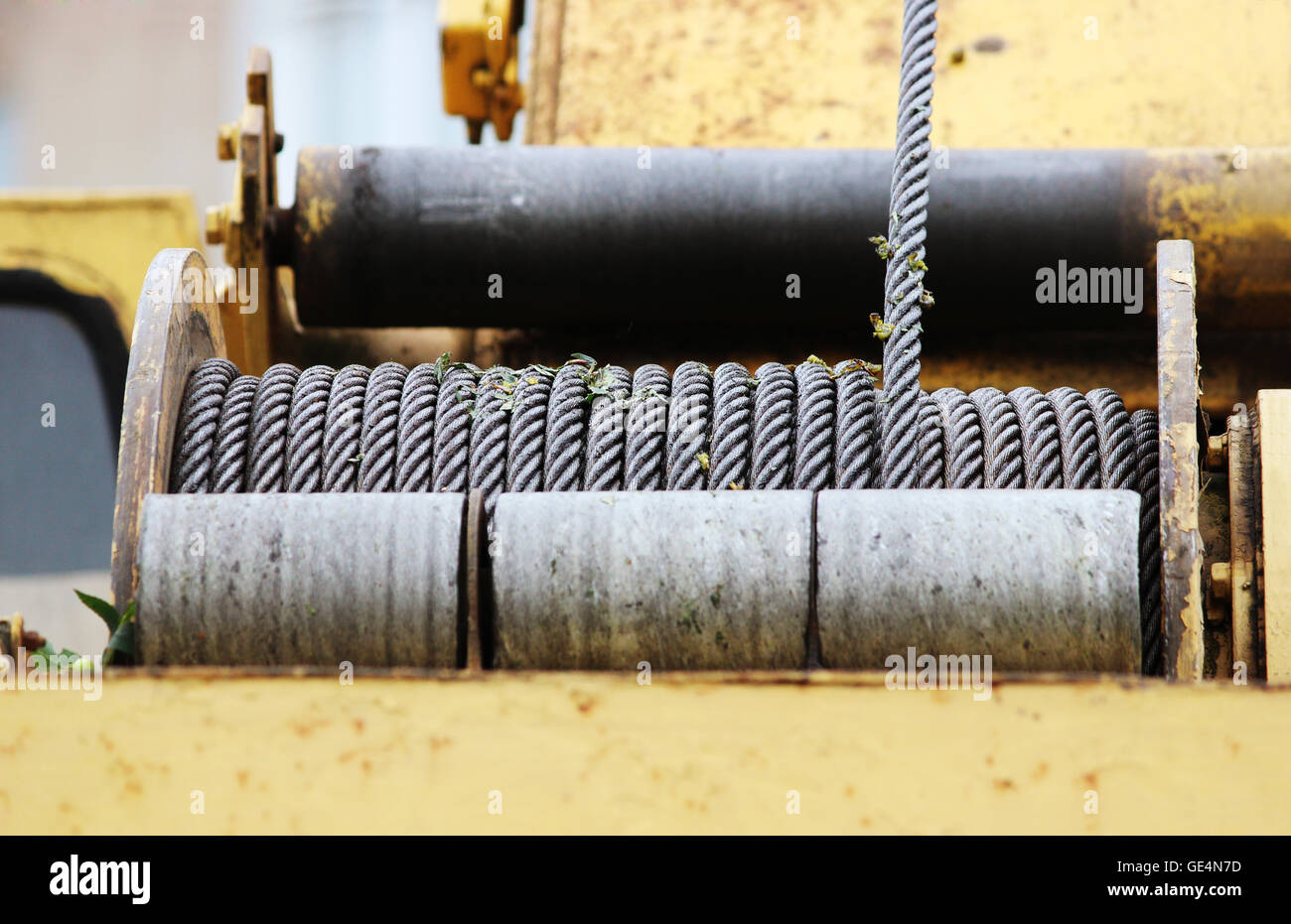 powerful winch on the special equipment construction cranes Stock Photo