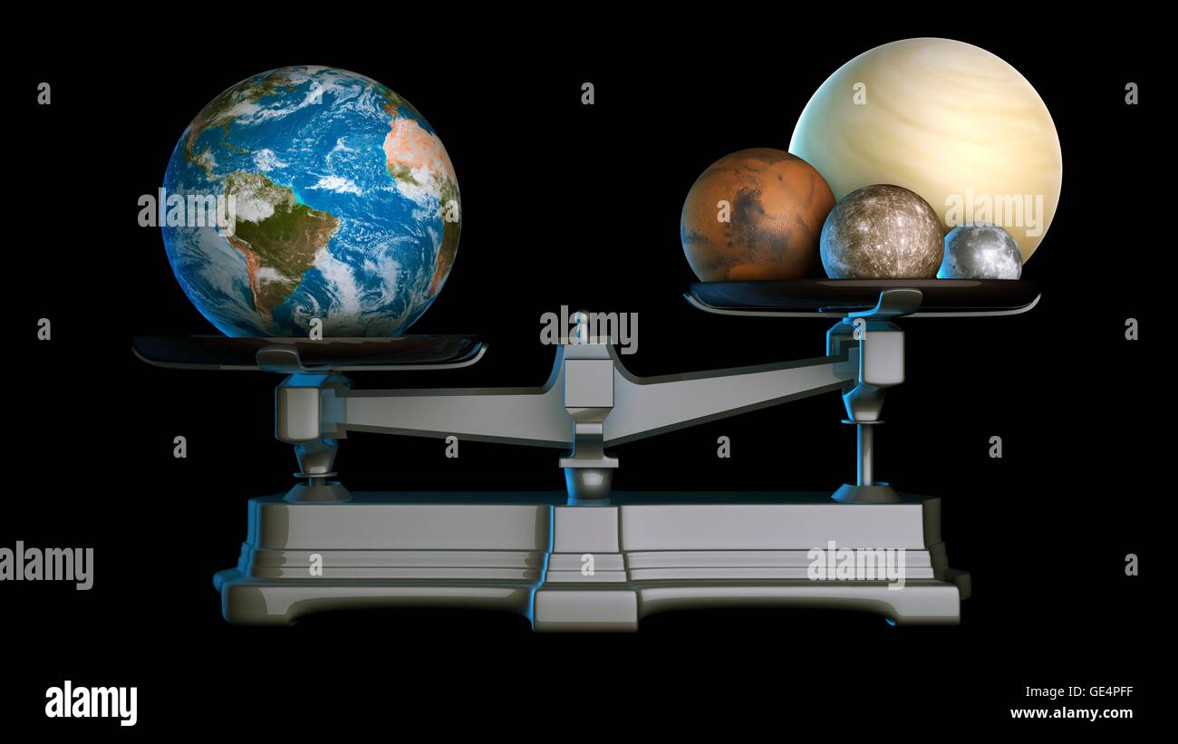 Earth's mass. Illustration of the terrestrial or rocky planets of the Solar System on a weighing scale, with Earth outweighing all the other rocky planets and the Moon put together. The combined mass of Venus, Mars, Mercury and the Moon is 98.9% of the mass of the Earth. Stock Photo