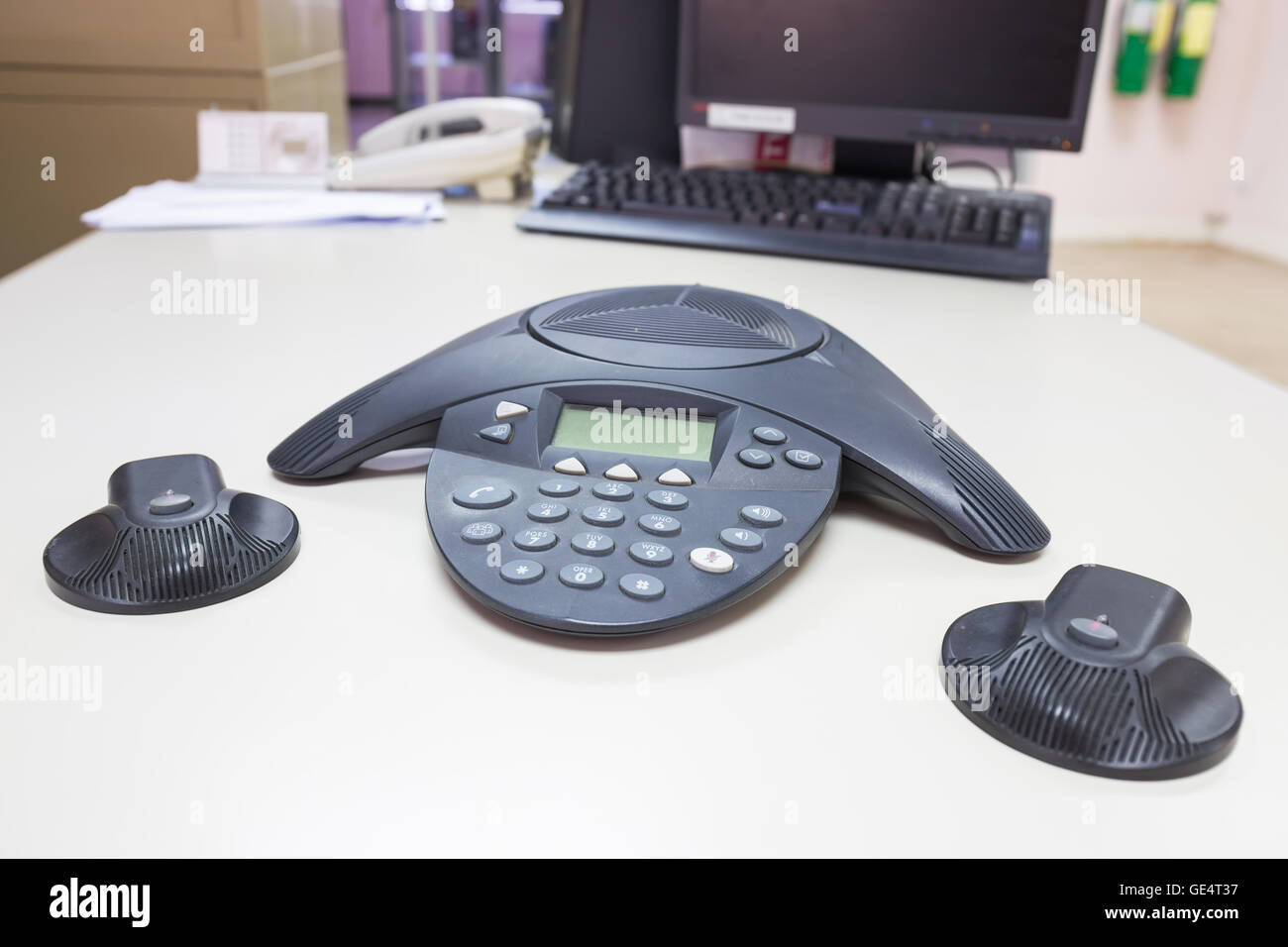 Conference IP phone on white table background Stock Photo