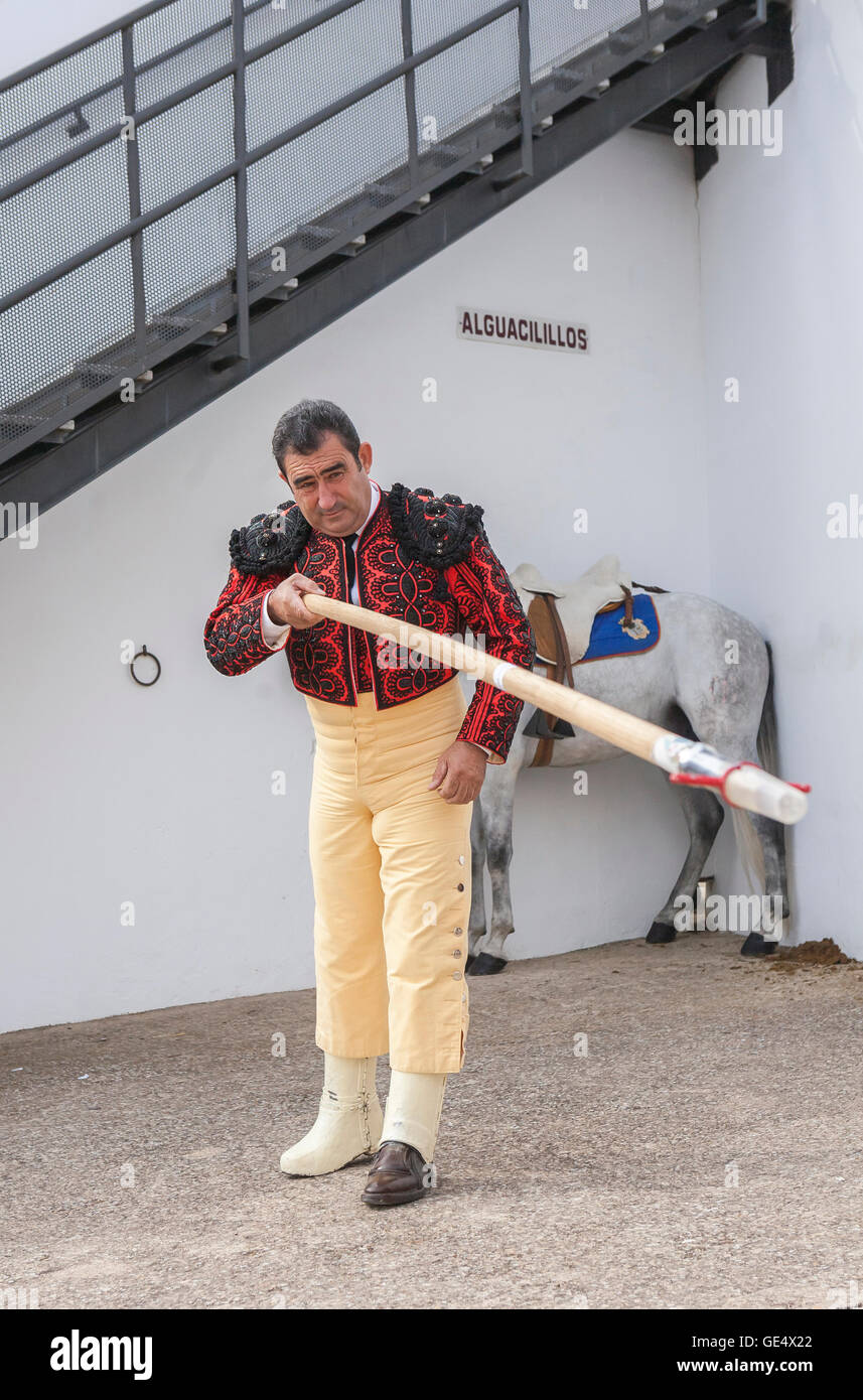 Pozoblanco, Spain - September 23, 2011: Picador trying the lances in the Bullring of Pozoblanco, Spain Stock Photo
