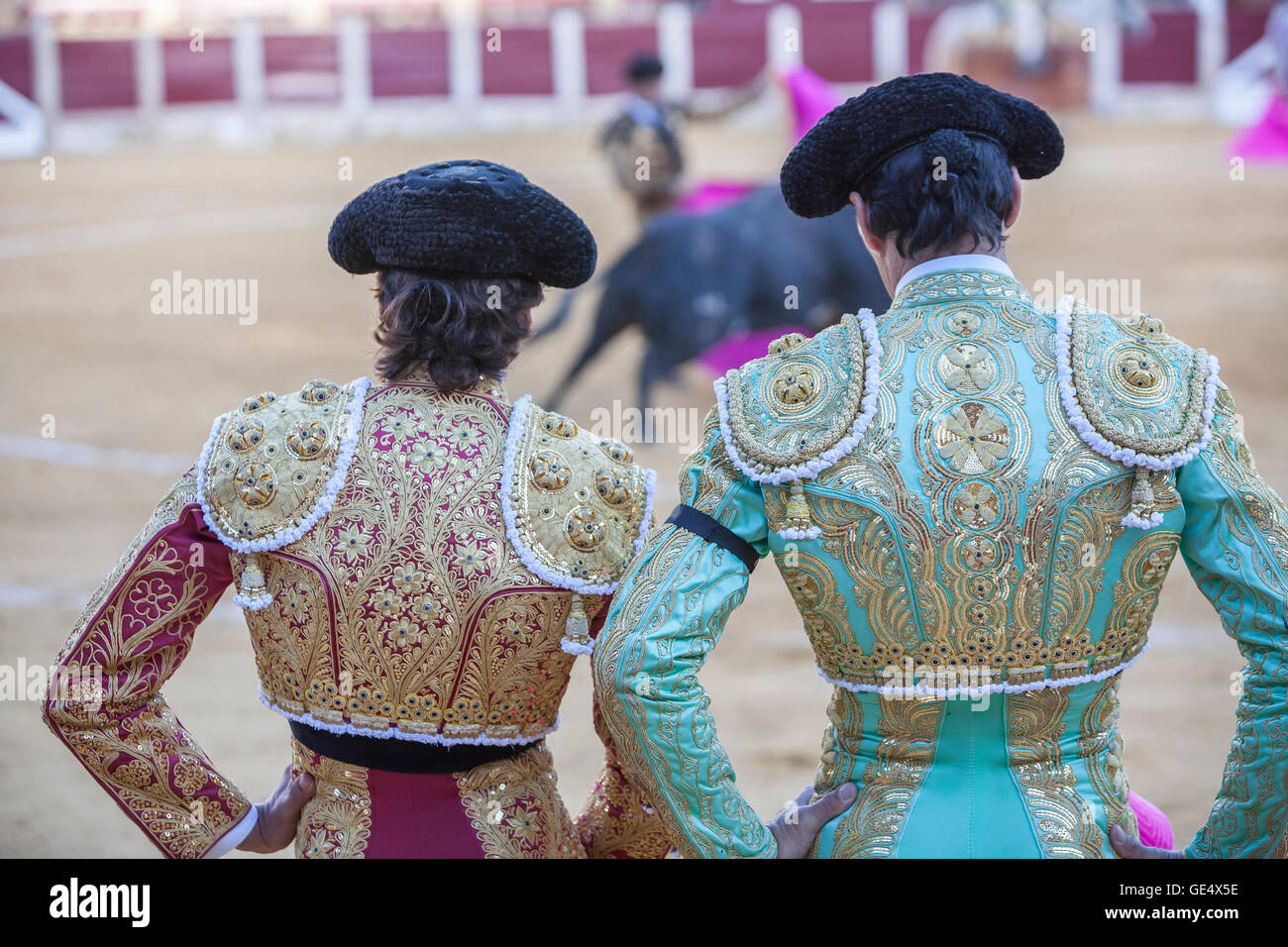 Spanish Bullfighters looking bullfighting, in the bullring of Ubeda, Spain Stock Photo
