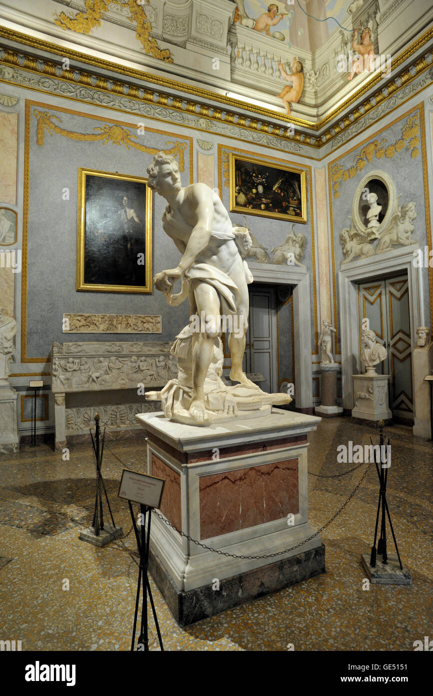 Italy, Rome, Galleria Borghese, Gian Lorenzo Bernini, marble statue of David (AD 1623-1624) Stock Photo
