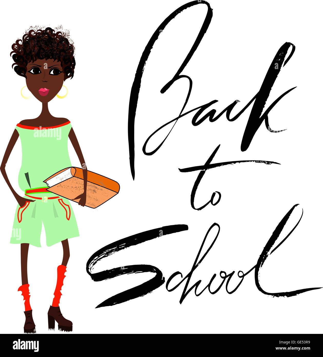 Beautiful African American girl with book. Handwritten lettering. Back to school Stock Vector