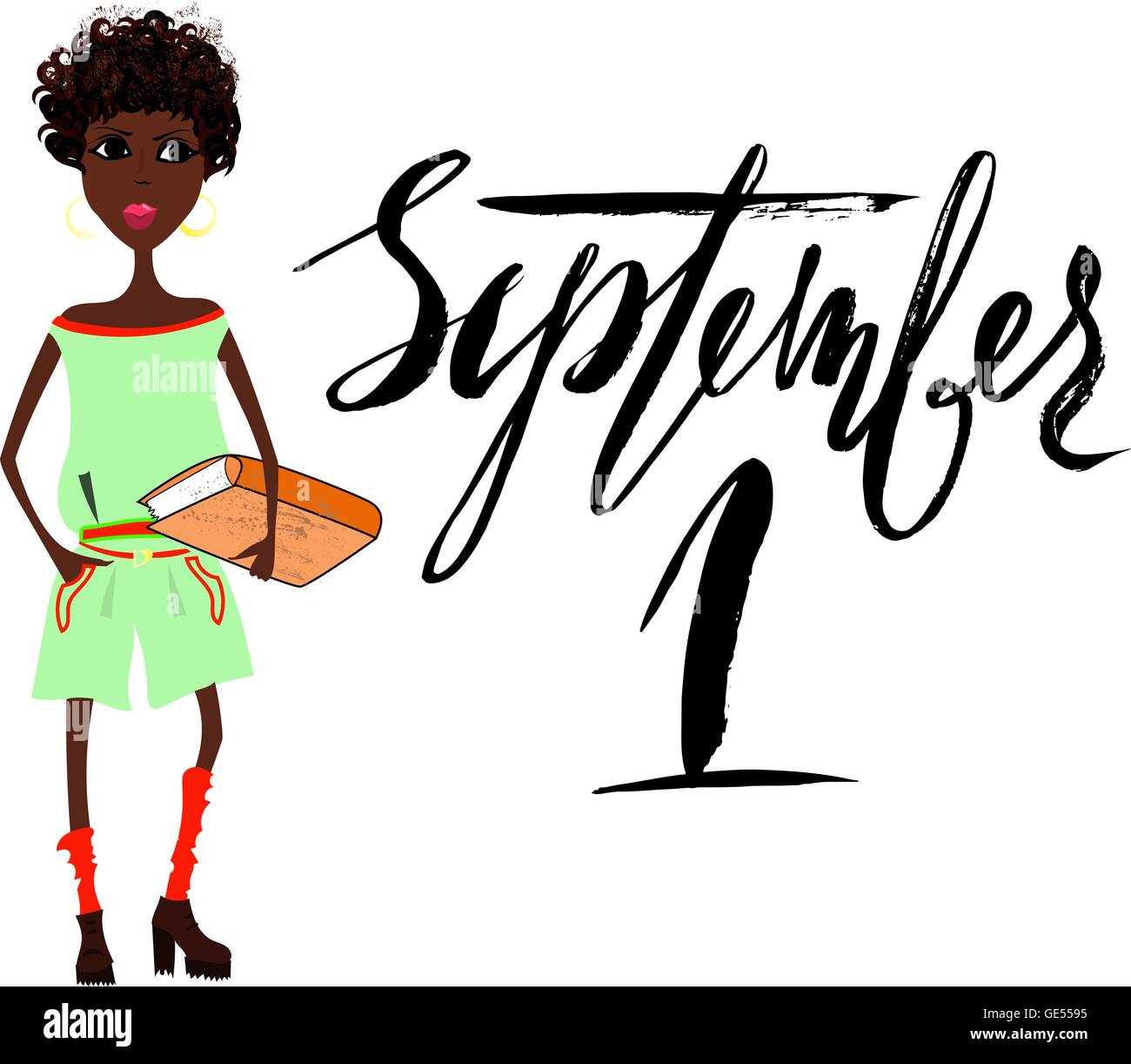 Beautiful African American girl with book. Handwritten lettering. September 1 Stock Vector