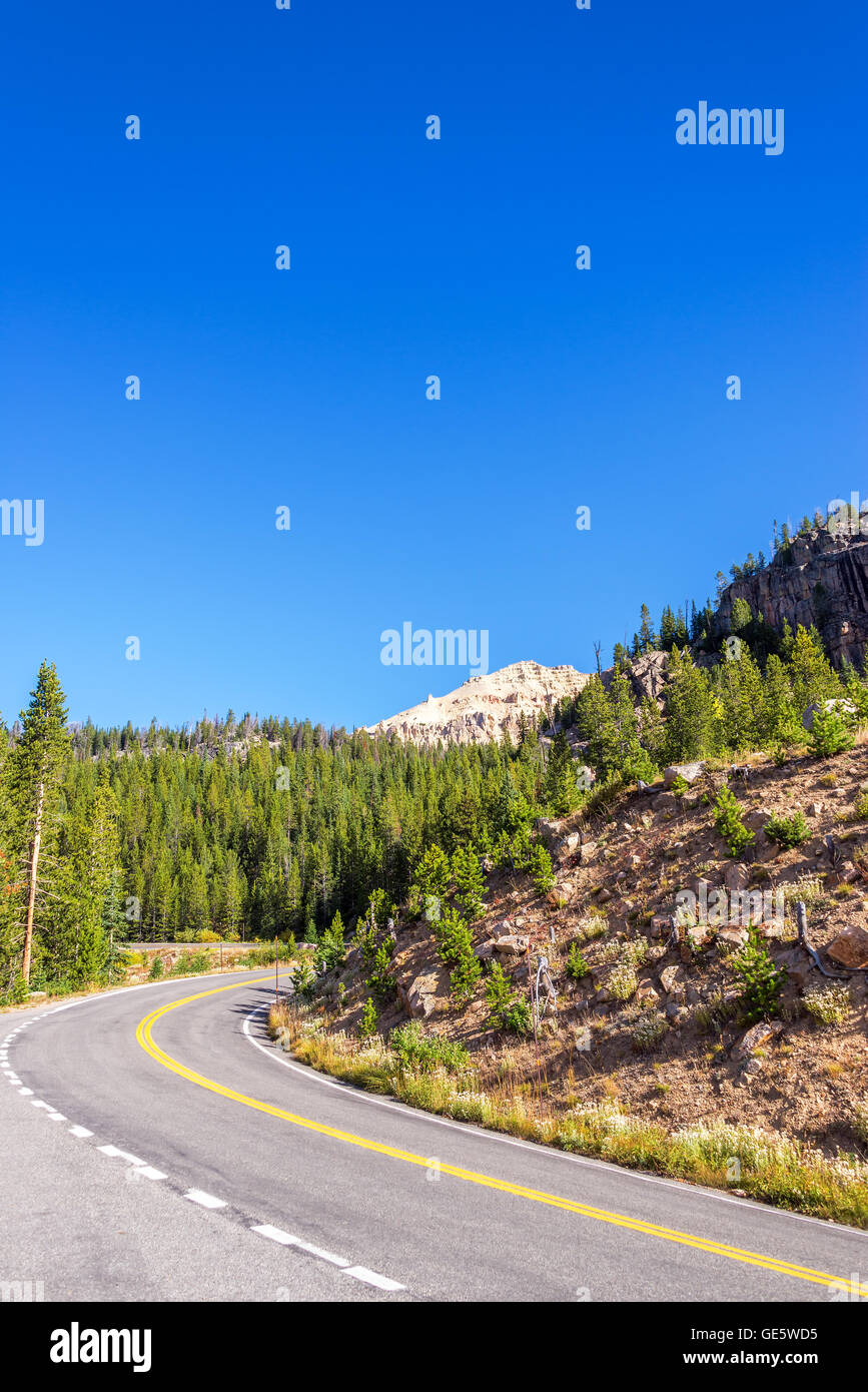 Highway curving through Shoshone National Forest in Wyoming, USA Stock Photo
