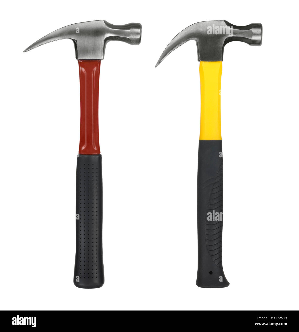 yellow and red hammer on white background Stock Photo