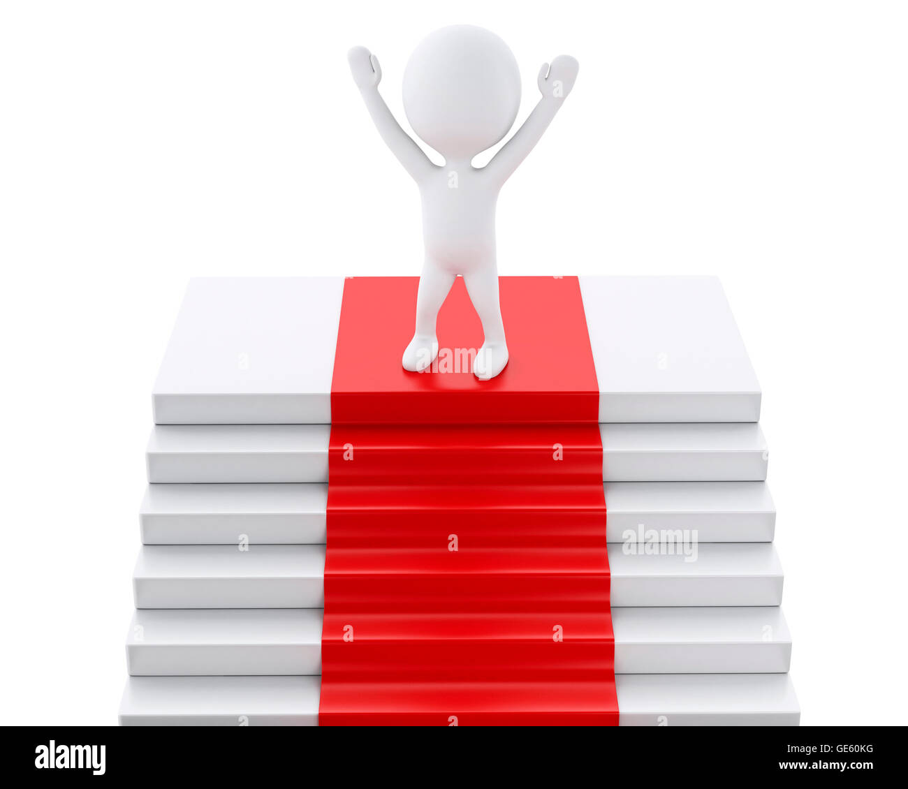 3d renderer image. White people on top of podium with red carpet. Success concept. Isolated white background. Stock Photo