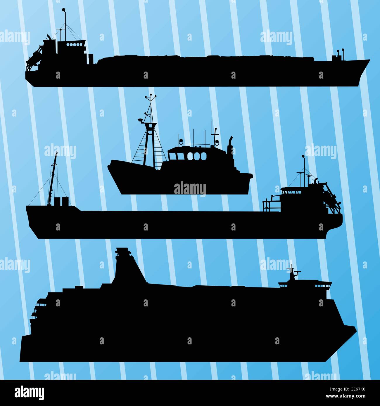 Freight ship, fishing boat and travel ferry boat set silhouettes vector background Stock Vector