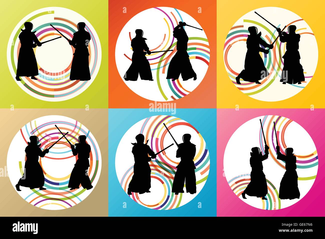Active japanese Kendo sword martial arts fighters sport silhouettes set vector Stock Vector