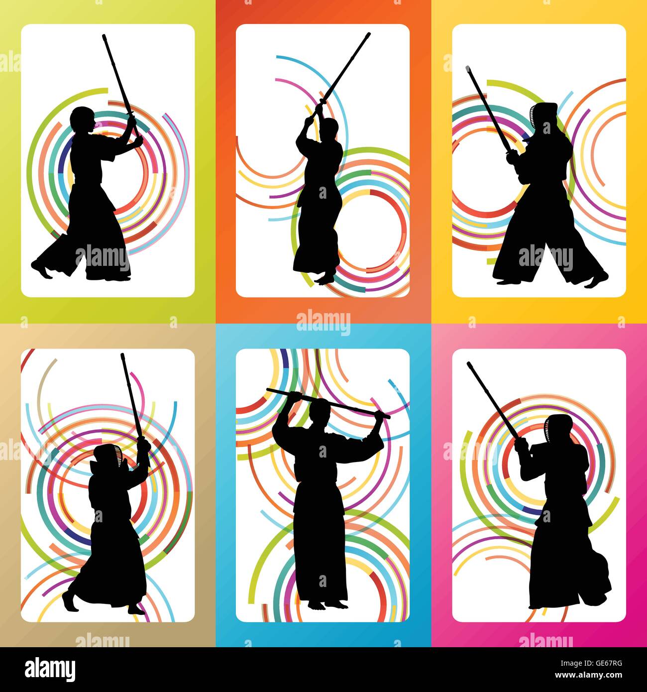 Active japanese Kendo sword martial arts fighters sport silhouettes set vector Stock Vector