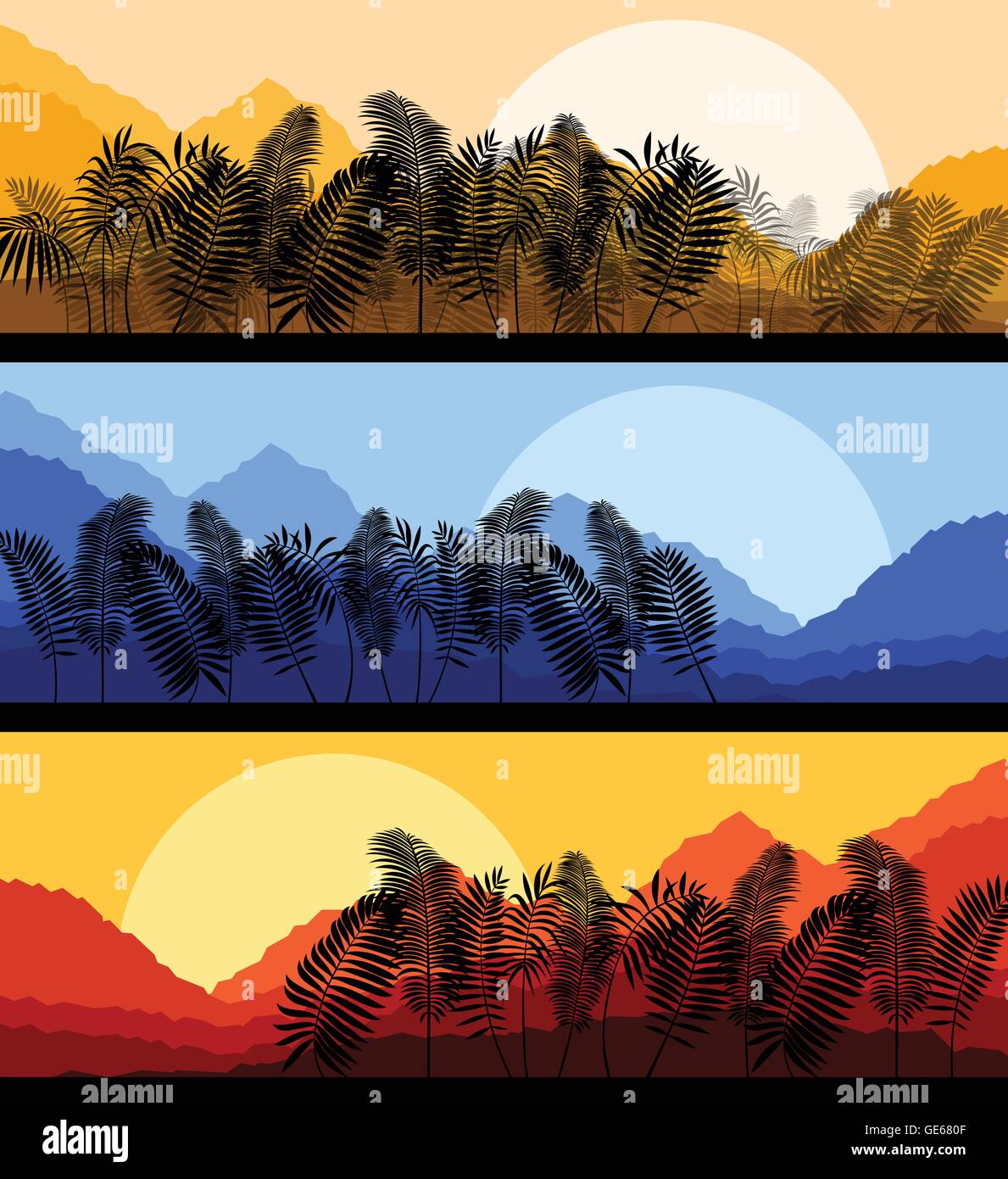 Palm leaves nature landscape romantic sunset background vector Stock Vector