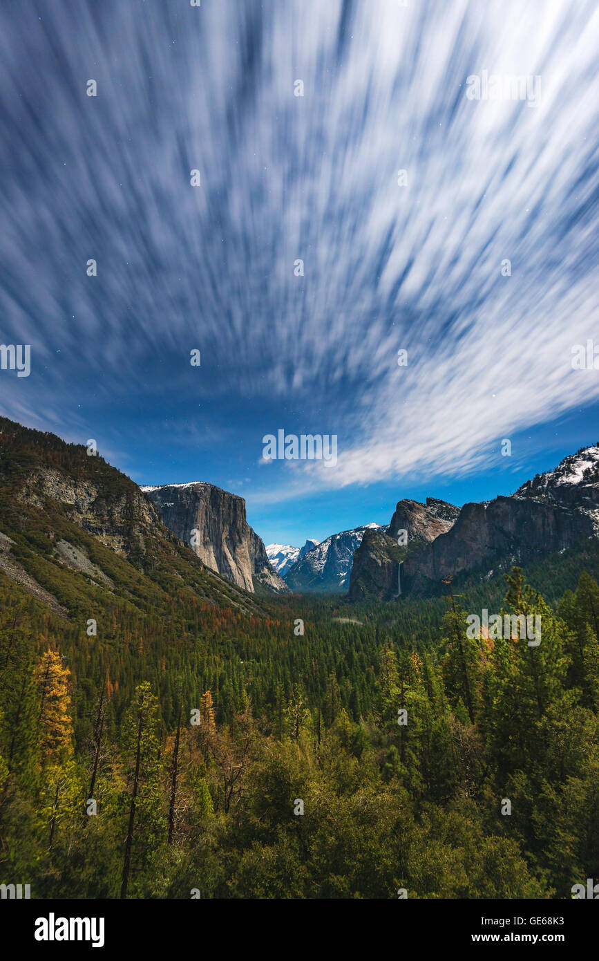 Tunnel View at night and moving cloud, Yosemite National Park Stock