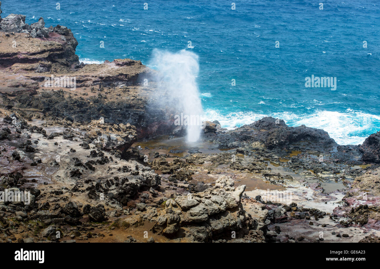 Blow hole with water spraying out, Maui Isalnd Hawaii Stock Photo
