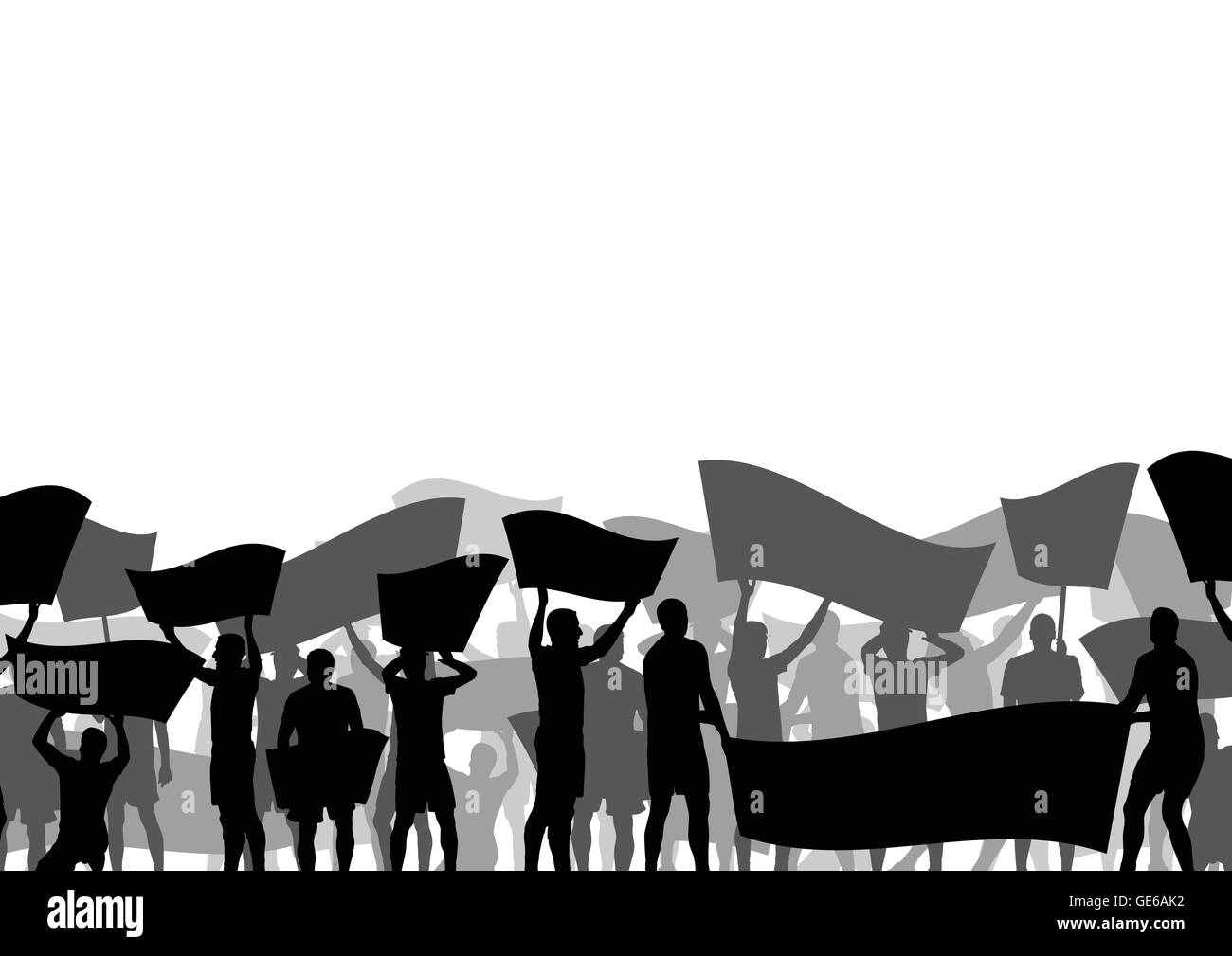 Protesters angry people crowd with posters and flags in abstract riot landscape background illustration Stock Vector