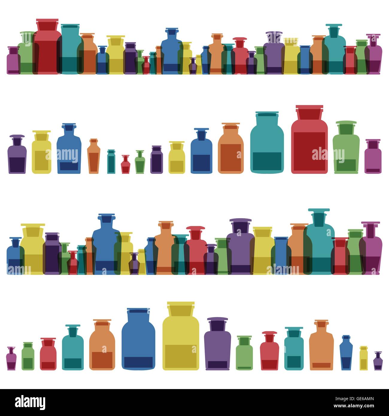 Vintage old glass jars, bottles and medicine chemistry potions colorful glassware Stock Vector