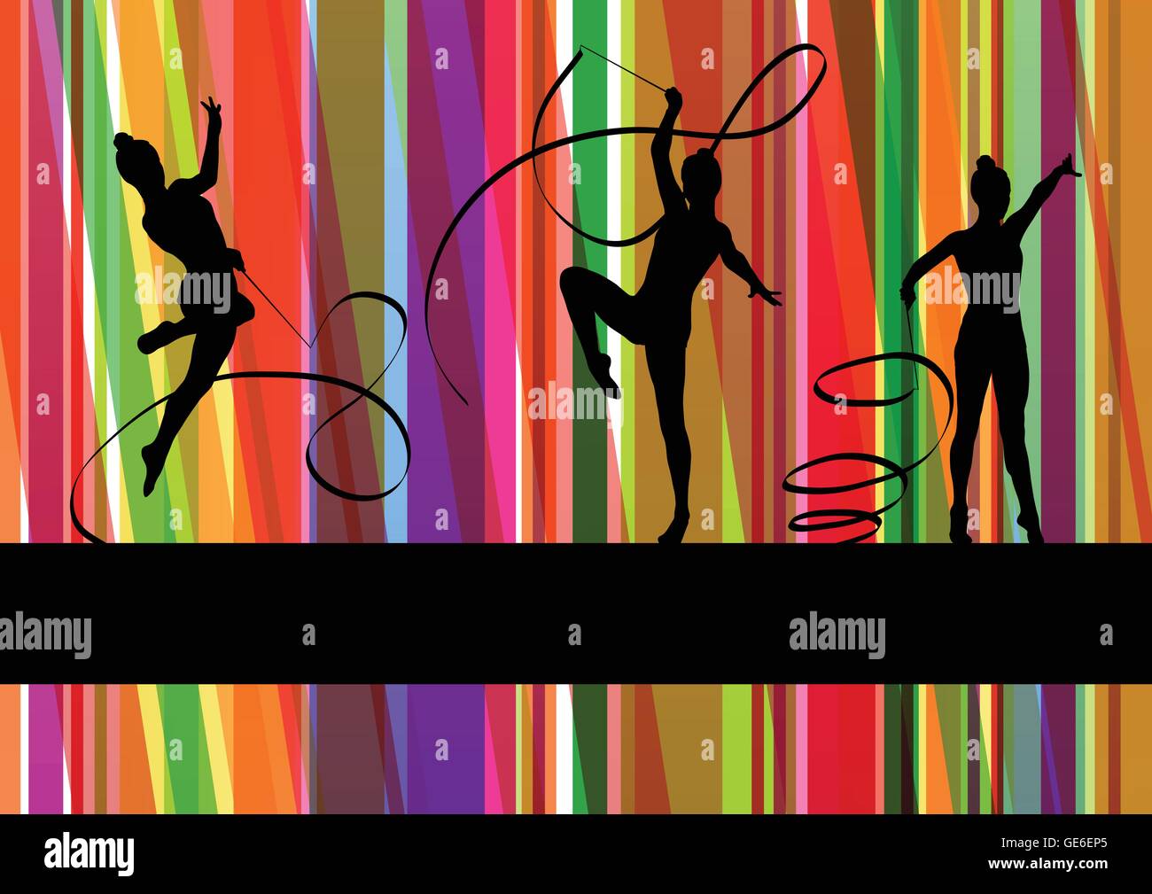 Young women doing calisthenics art gymnastics sport tricks with ribbon ...