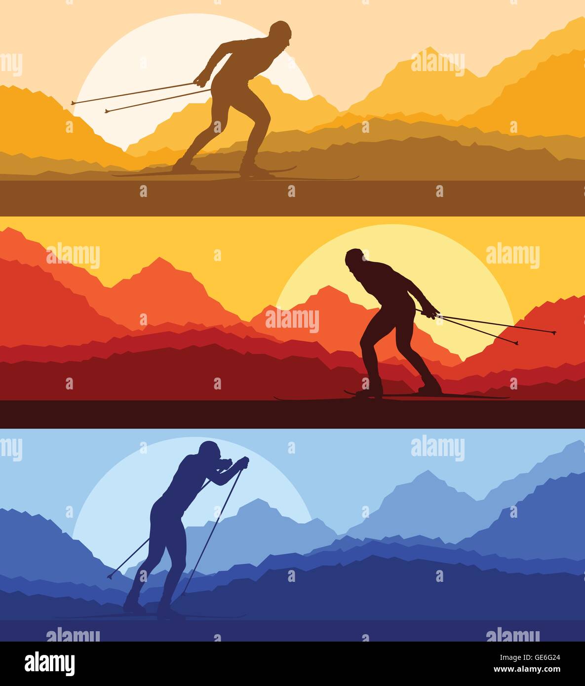 Cross country skiing vector background with sun for poster Stock Vector