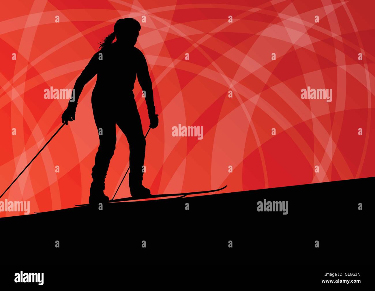 Active young woman girl skiing sport silhouette in winter ice and snow ...