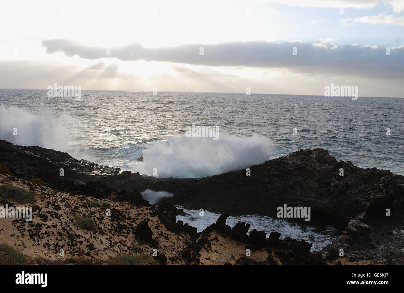 Wave and volcanic coast. Mala, Lanzarote island, Canary Islands, Spain. Stock Photo