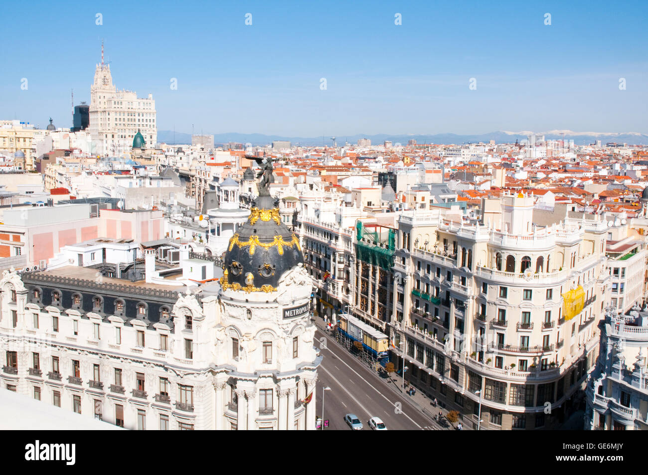 Gran Via street from the terrace of Circulo de Bellas Artes. Madrid, Spain. Stock Photo