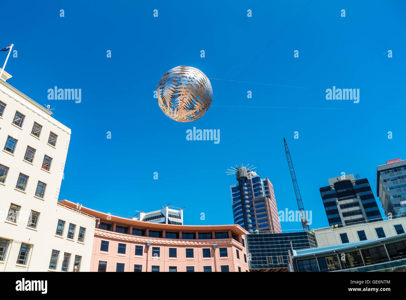 Silver fern-patterned filagree suspended globe, Civic Square, Wellington, New Zealand Stock Photo
