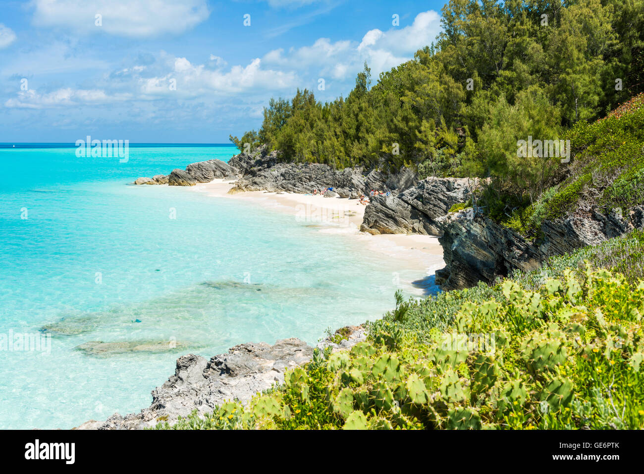 Shoreline and small beach with pink sands at Whale Bay, Bermuda. Stock Photo