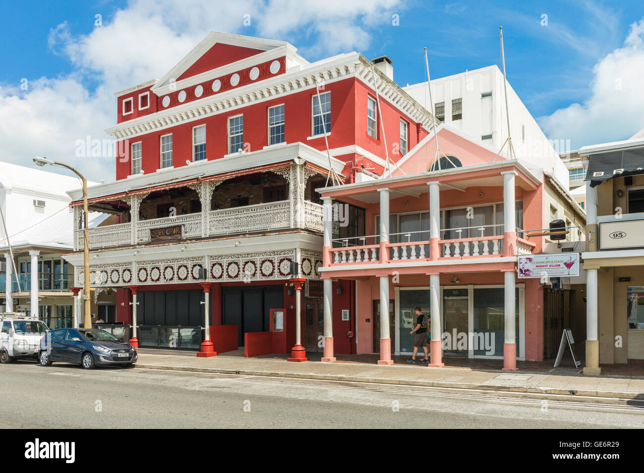 Colourful buildings along Front Street in Hamilton, Bermuda Stock Photo