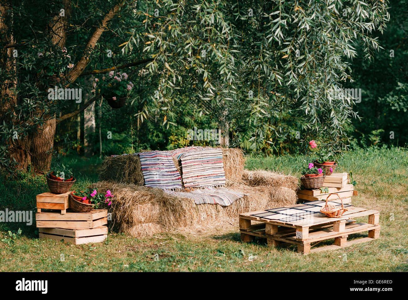 chair without backrest made from straw, outdoor furniture, cowboy party