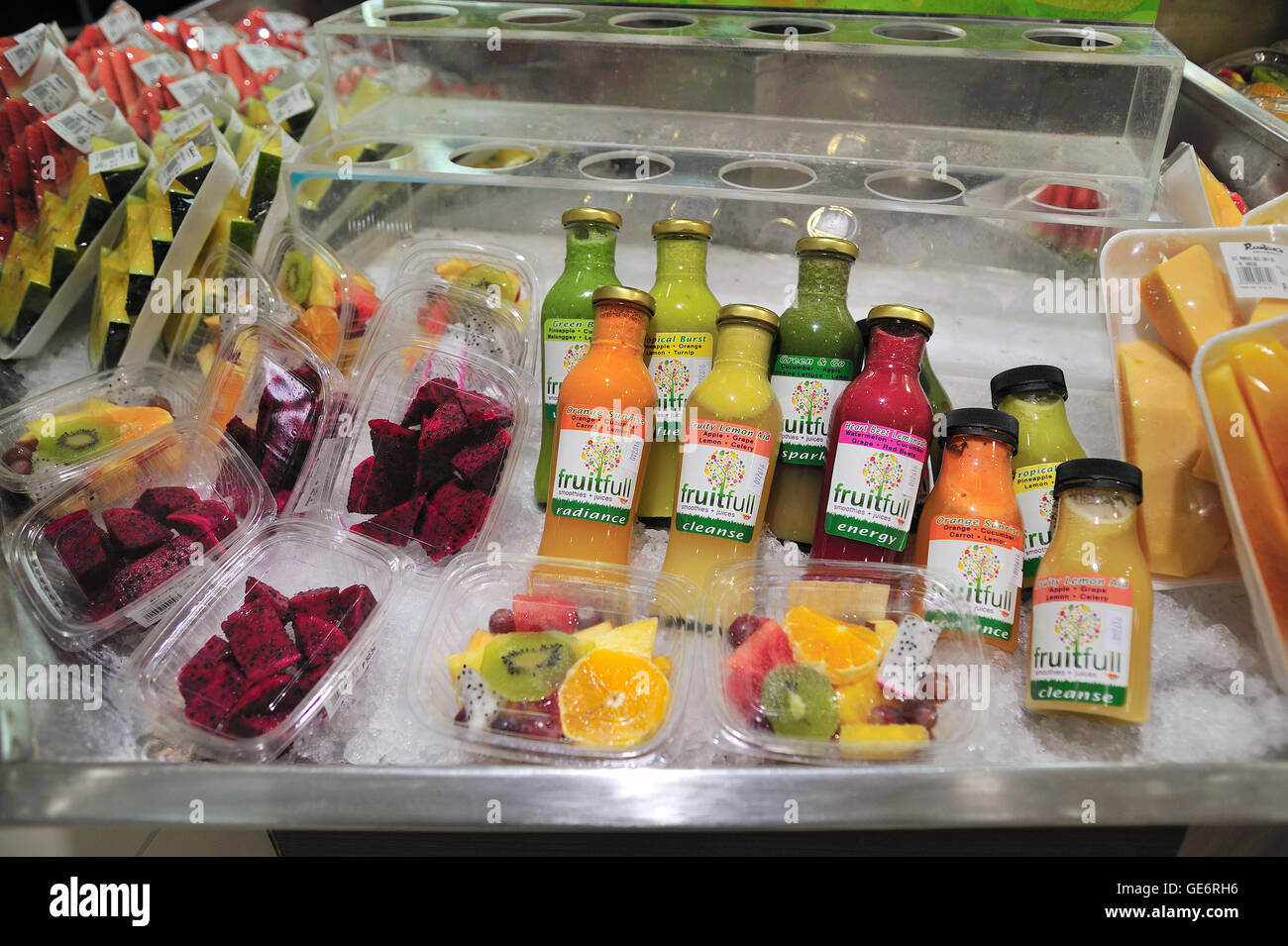 Healthy fruit and drinks display Rustan's Supermarket Ayala Center Cebu City Philippines Stock Photo