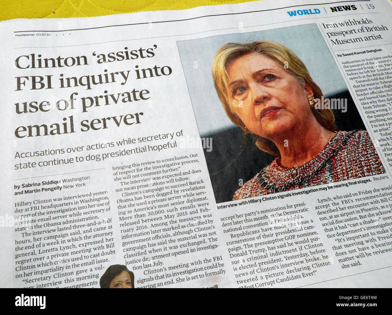 Clinton 'assists' FBI inquiry into use of private email server"  in Observer newspaper article 3 July 2016 Stock Photo