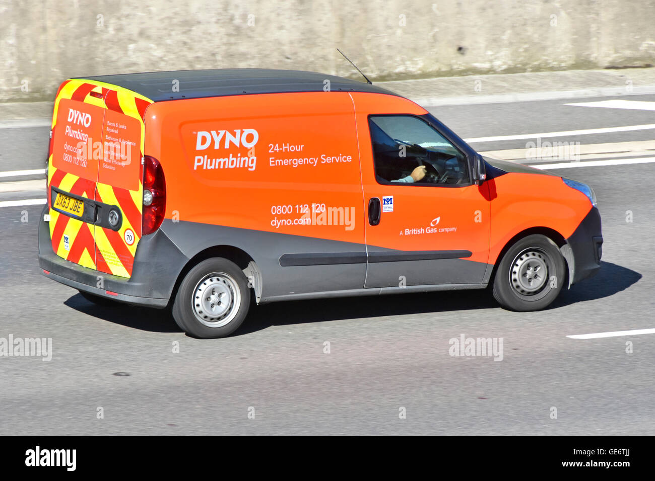 British Gas Dyno Plumbing 24 hour emergency service van driving along M25  motorway Essex England UK Stock Photo - Alamy