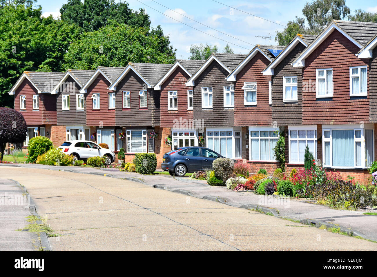 Row of homes in residential street of real estate housing property development identical detached houses individual gardens & car driveway England UK Stock Photo