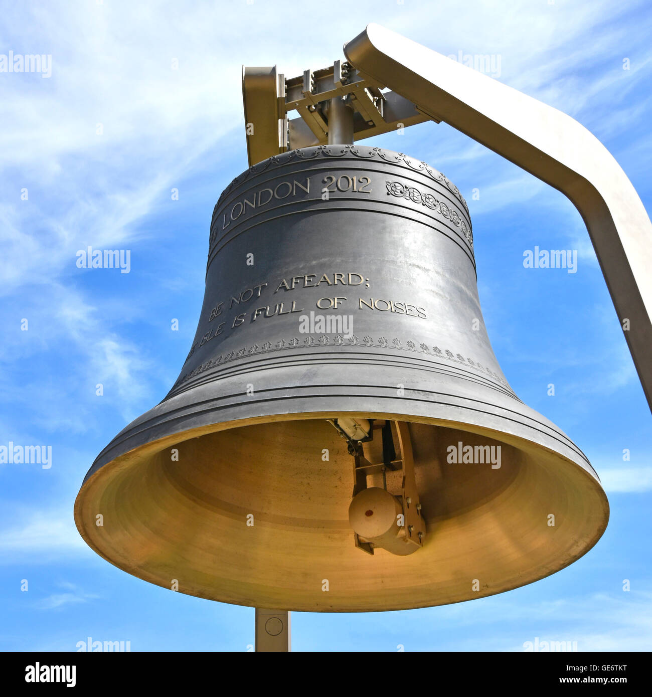 Shakespearian inscription from 'The Tempest' on the bronze 2012 London 'Olympic Bell' relocated to Queen Elizabeth Olympic Park Stratford Newham UK Stock Photo