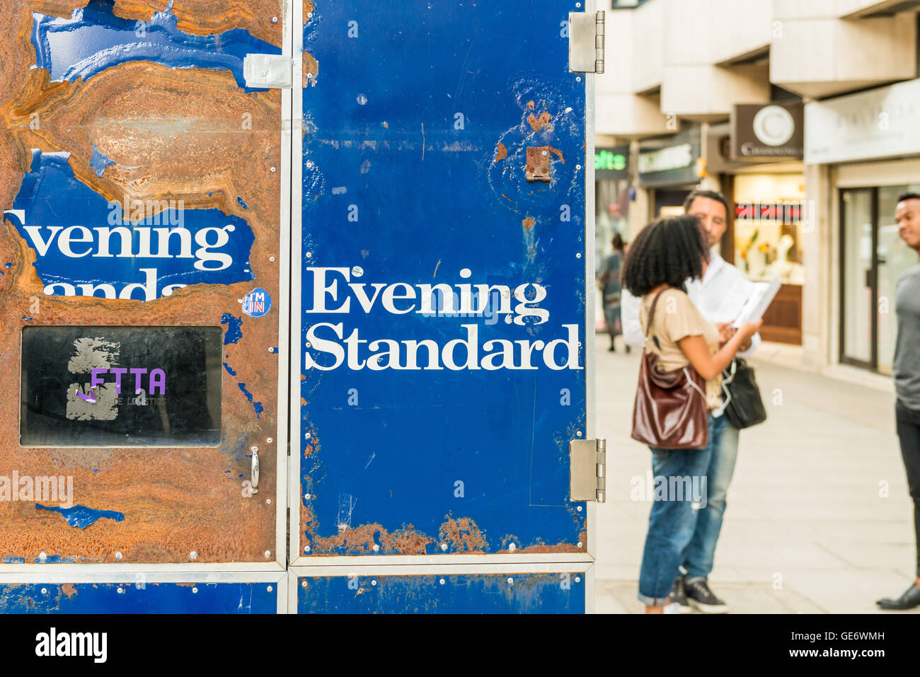 London, United Kingdom - July 22, 2016: Evening Standard, free daily newspaper, Monday to Friday tabloid. Old stand. Stock Photo