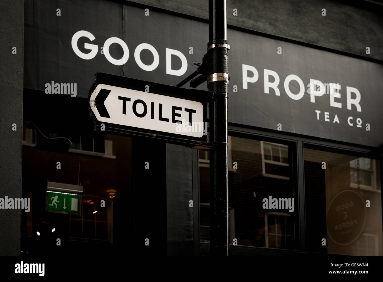 London, United Kingdom - July 22, 2016: Toilet sign at Leather Lane Street Market - street in Holborn with great streetfood Stock Photo