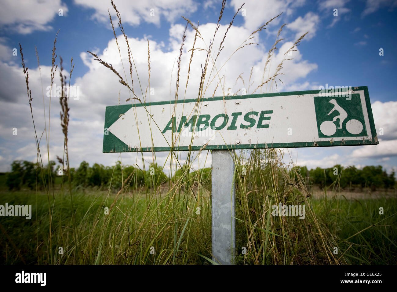 View of a road sign indicating a cycle route leading to Amboise near Chenonceaux, France, 25 June 2008. Stock Photo