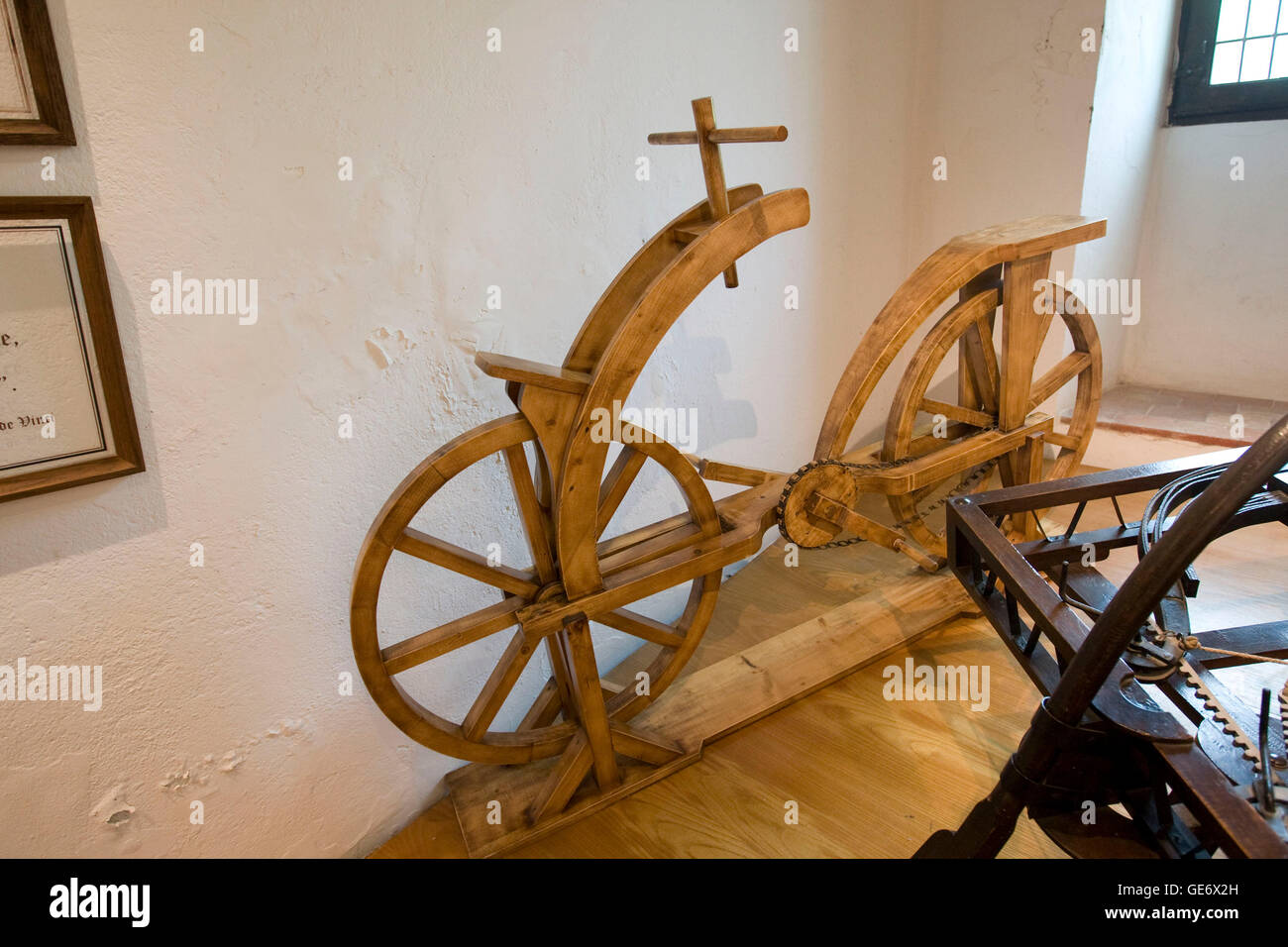 Wooden bicycle designed by Leonardo da Vinci displayed at the Clos Luce mansion, the inventor's last home, in Amboise, France. Stock Photo