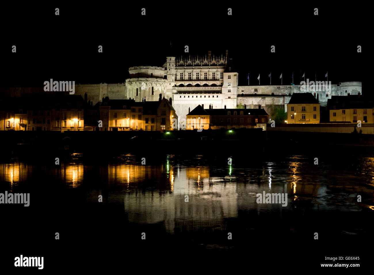 Nighttime view of the Amboise castle and the Loire river in France, 26 June 2008. Stock Photo