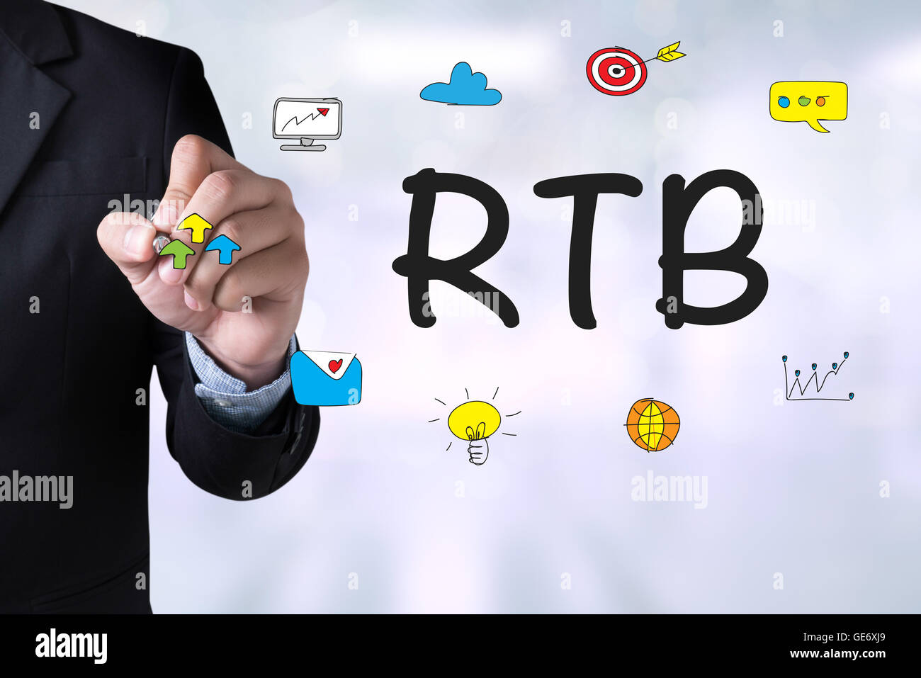 RTB  and Businessman drawing Landing Page on blackboard Stock Photo