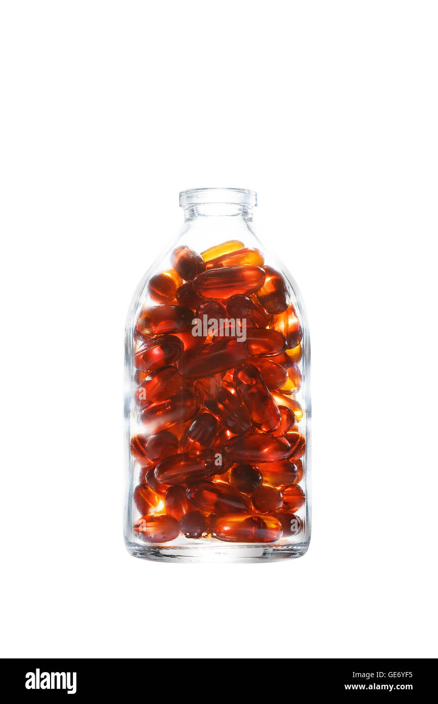 Bottle with gelatin capsules on white background. Fish oil, omega 369