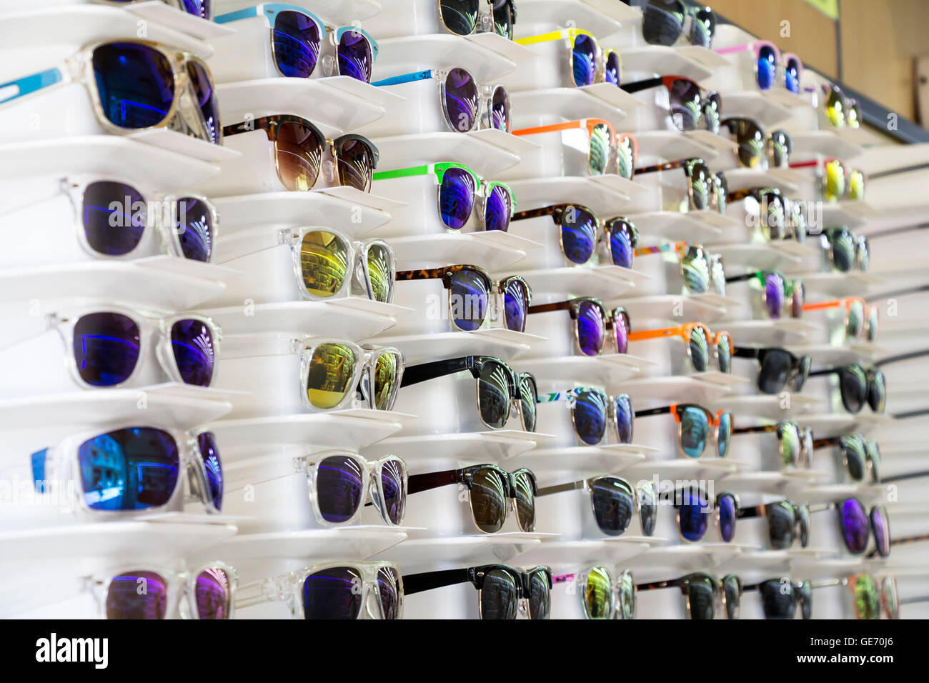 Stand with sunglasses Sunglasses on sale at the city market Stock Photo