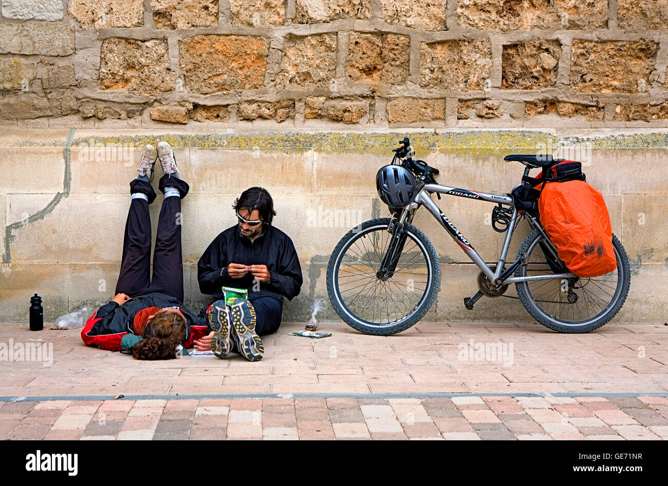 pilgrims resting. Belorado. Burgos  province.Spain. Camino de Santiago Stock Photo