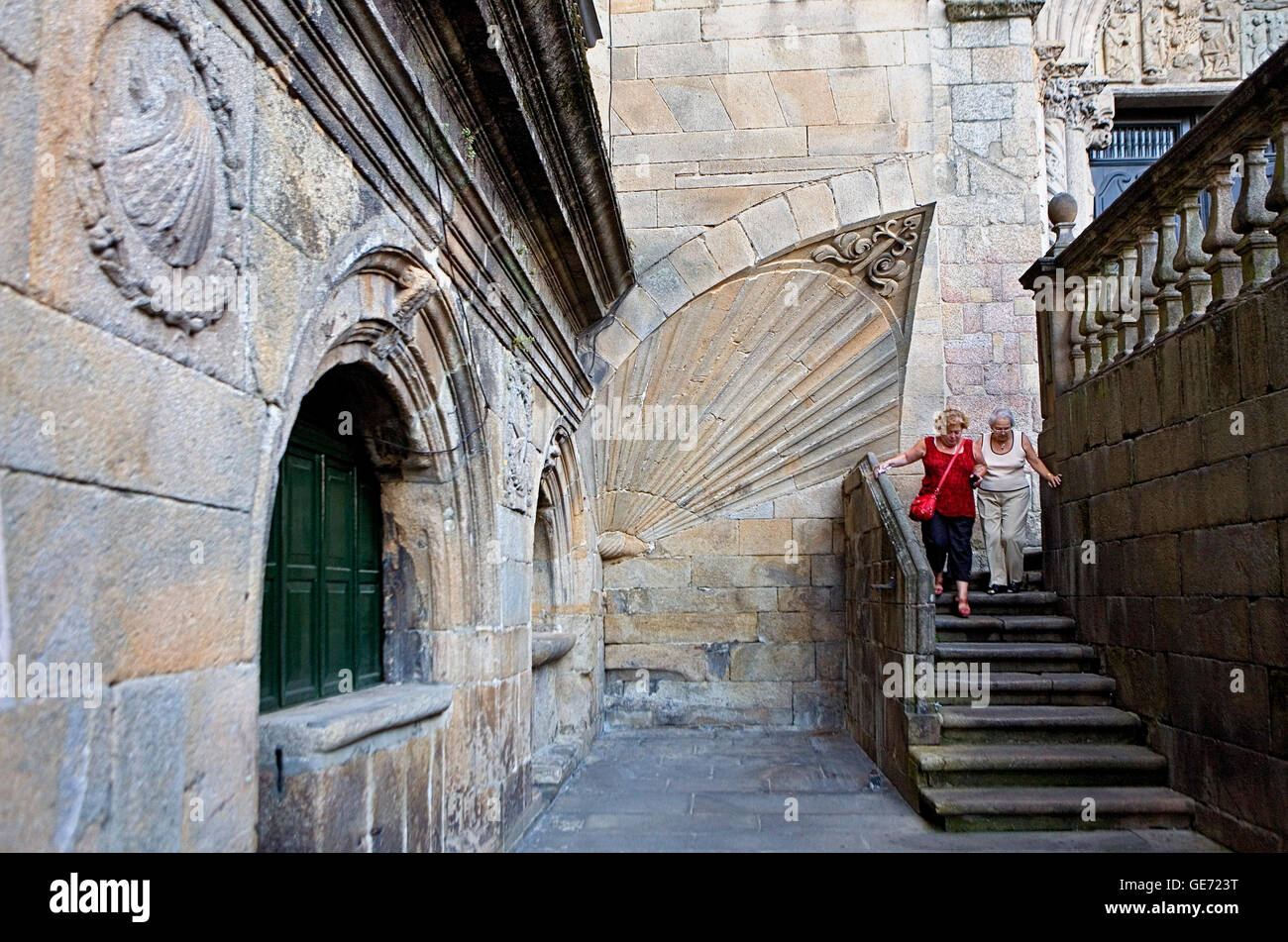 Corner of Praza das Praterías. Shells.Santiago de Compostela. Coruña province.Spain. Camino de Santiago. Stock Photo