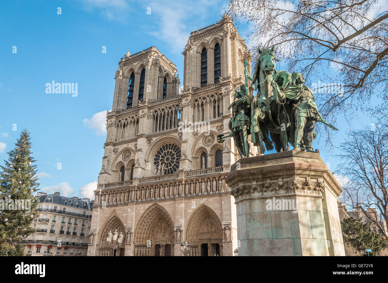 The facade of Notre Dame Cathedral in Paris Stock Photo