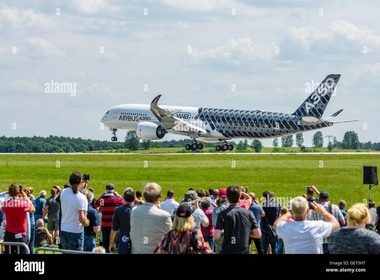 BERLIN, GERMANY - JUNE 03, 2016: Demonstration flight Airbus A350 XWB. Exhibition ILA Berlin Air Show 2016 Stock Photo