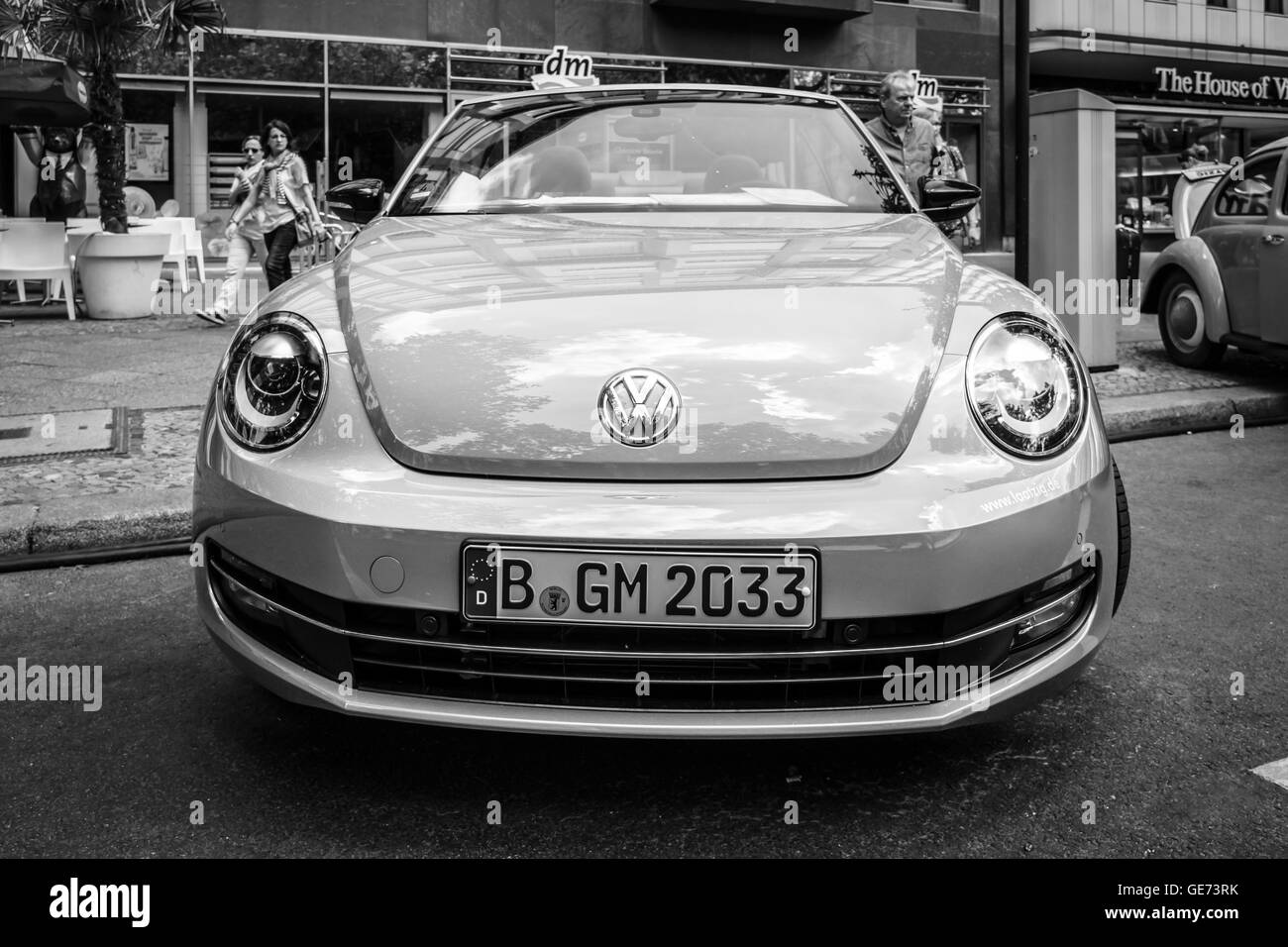 BERLIN - JUNE 05, 2016: Compact car Volkswagen Beetle Cabriolet, 2016. Black and white. Classic Days Berlin 2016. Stock Photo