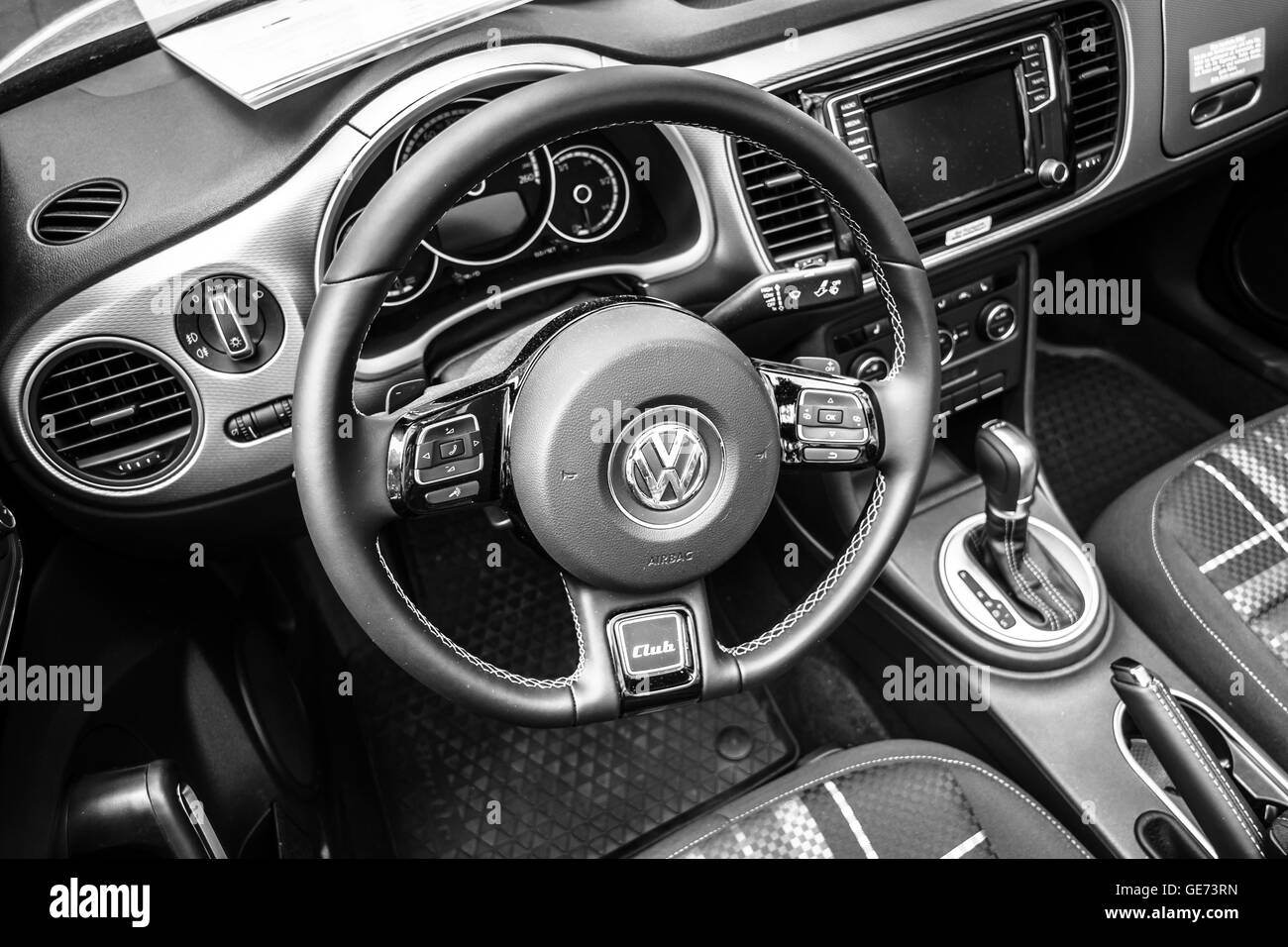 BERLIN - JUNE 05, 2016: Interior of compact car Volkswagen Beetle Cabriolet, 2016. Black and white. Classic Days Berlin 2016. Stock Photo