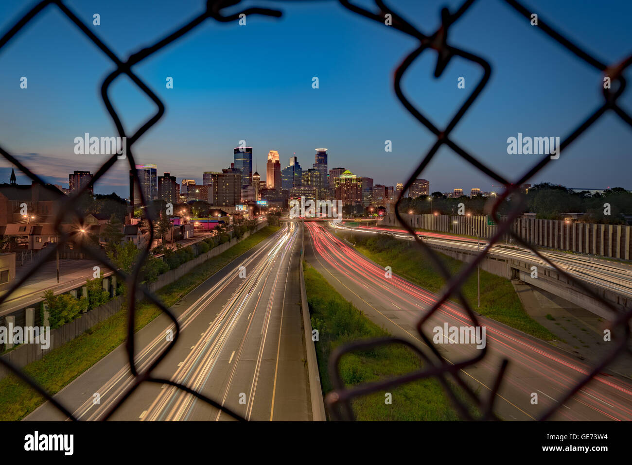 Downtown Minneapolis at Twilight Overlooking 35W Stock Photo