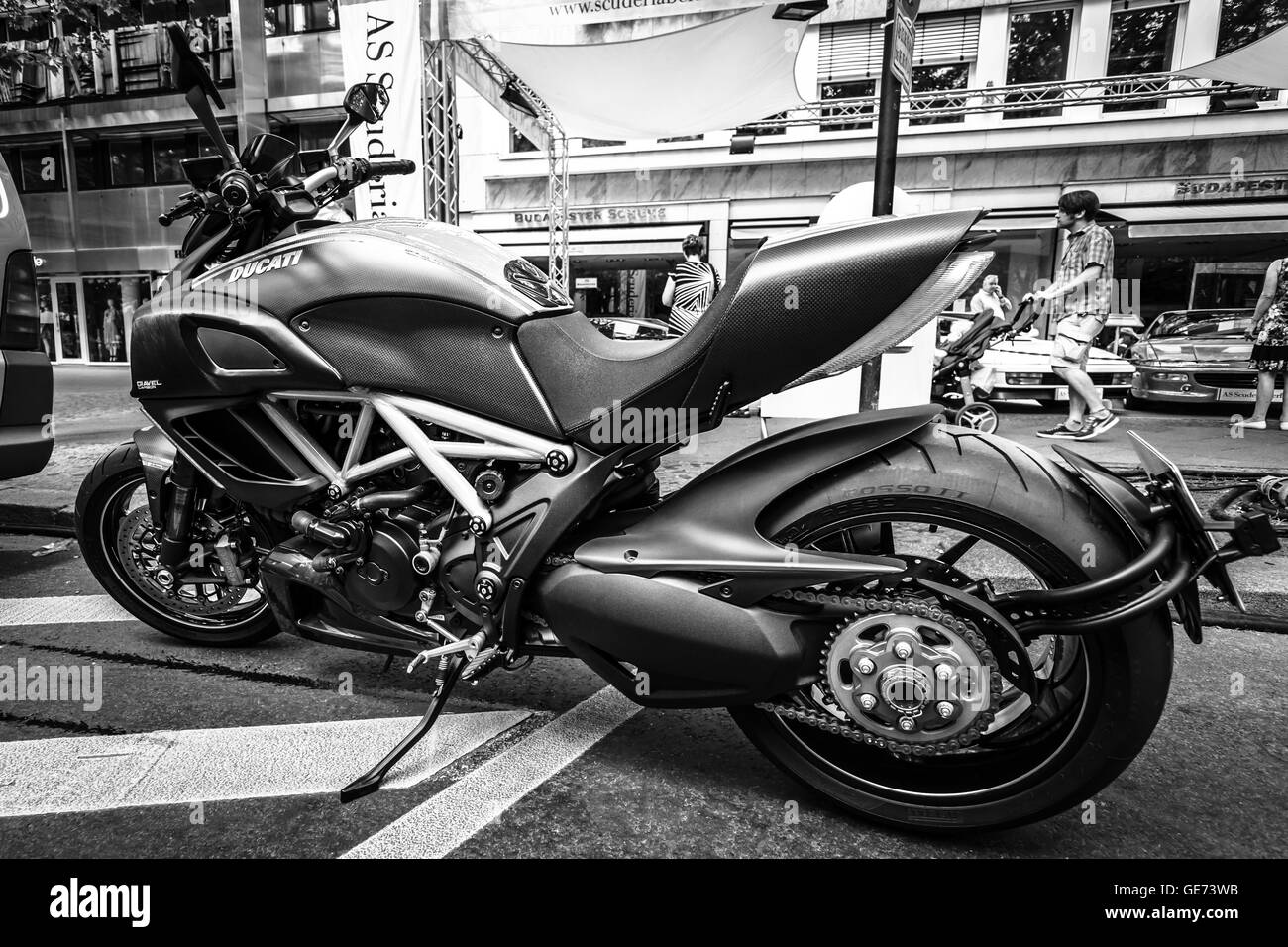 BERLIN - JUNE 05, 2016: Superbike Ducati Diavel Carbon. Black and white. Classic Days Berlin 2016. Stock Photo