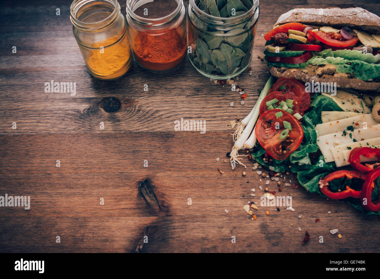 Beauty shots of food on a rustic setting with room for type, copy space. Stock Photo